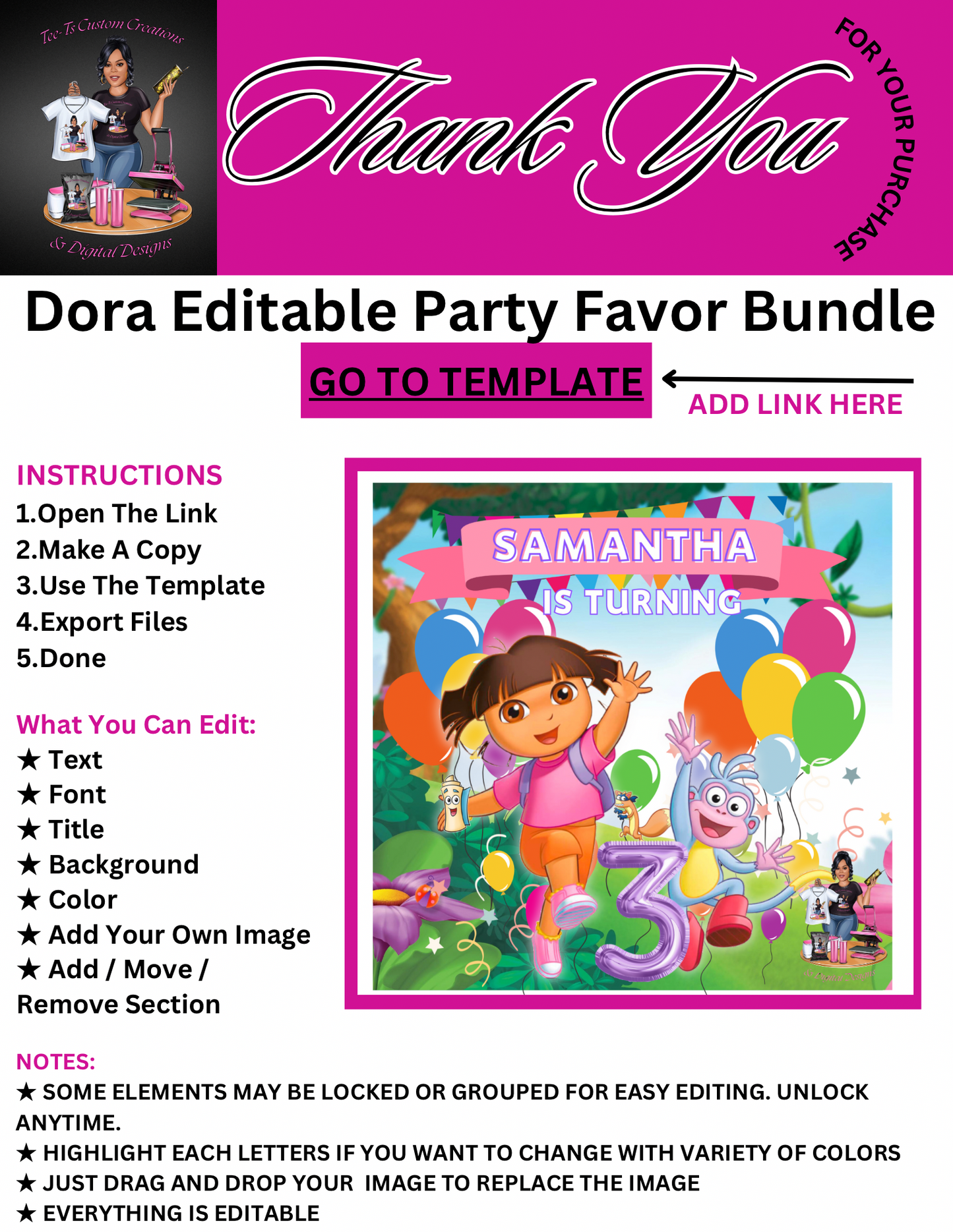 Dora Editable Party Favor Template