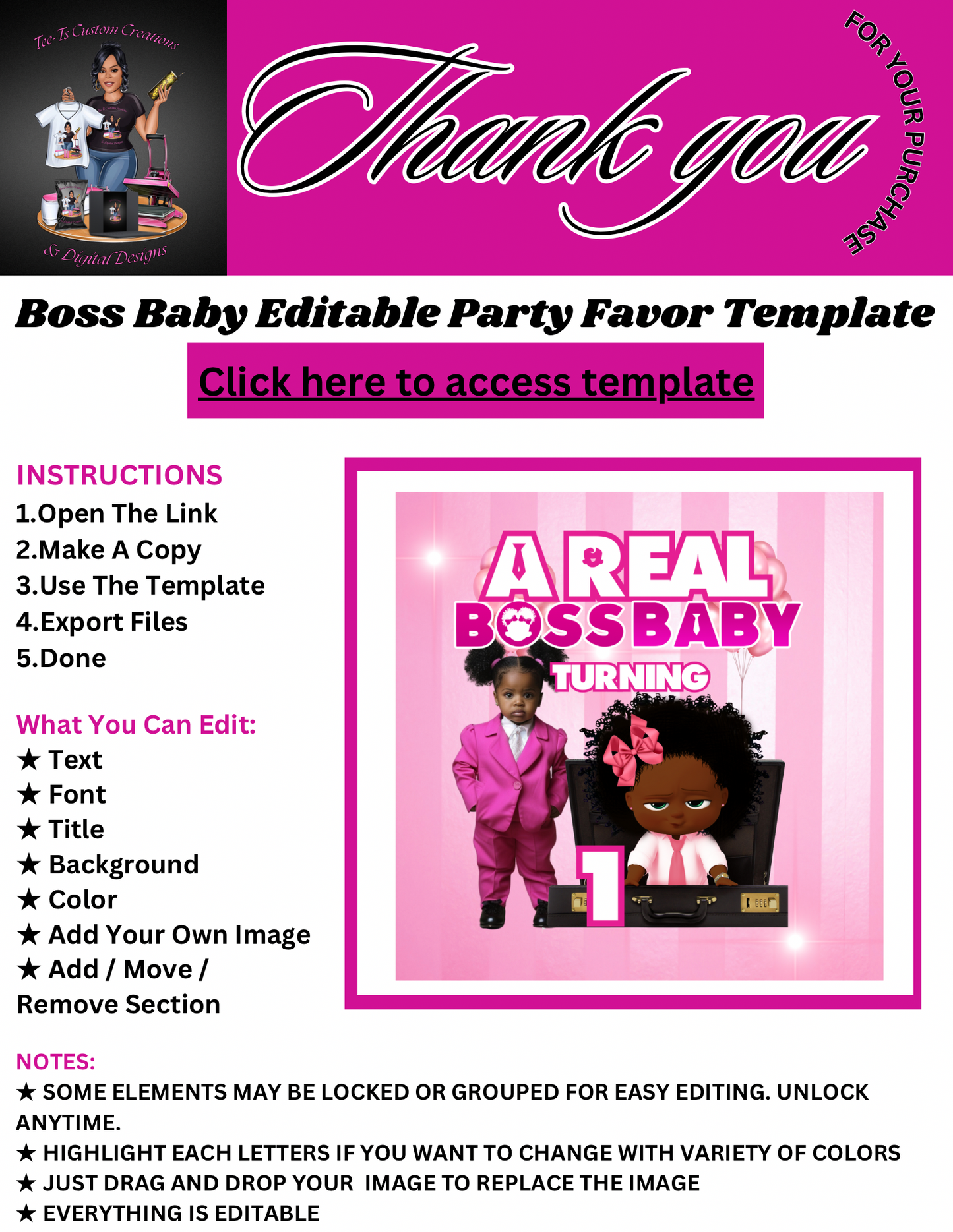 Boss Baby Editable Party Favor Bundle - Girl
